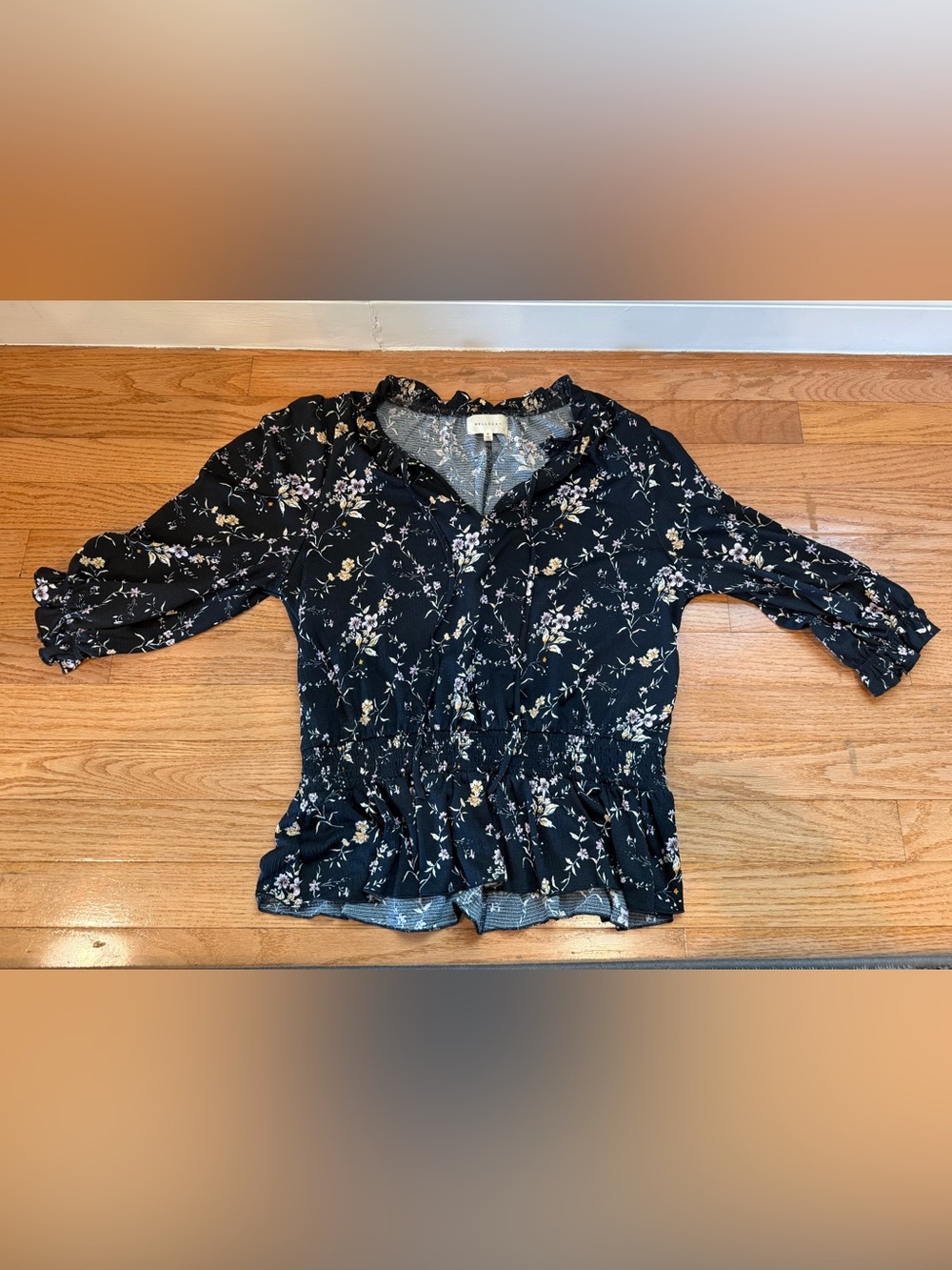 Melloday Womens V-Neck Puff Sleeve black Floral Peplum Blouse small